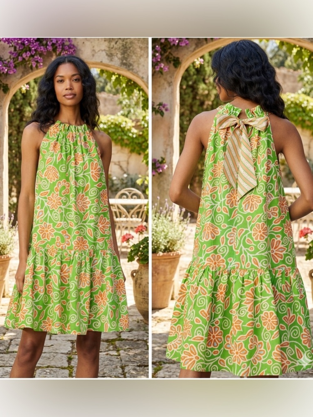 Current Air Green and Orange Floral Halter Mini Dress with Back Bow XS